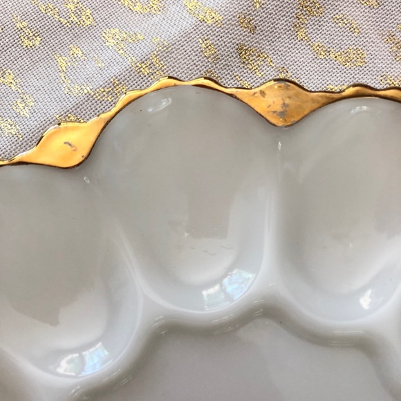 Vintage Milk Glass 12 Deviled Egg Plate Gold Trim Ornate 10" - Picture 5 of 8